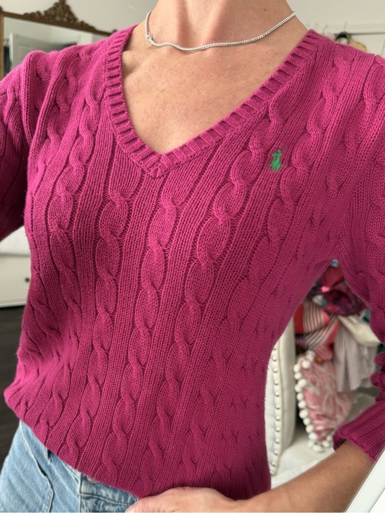 Ralph Lauren Sweaters - Ralph Lauren Fuchsia Cable-Knit V-Neck Sweater Green Pony